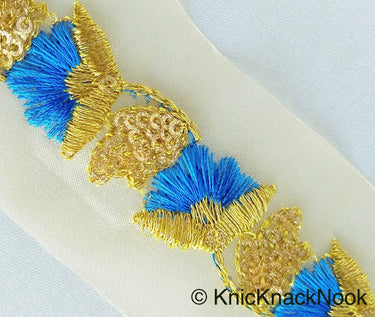 Gold Sheer Trim In Gold And Blue / Green Floral Embroidery And Gold Sequins Embellishment, Approx. 45mm Wide - 210119L135 / 36